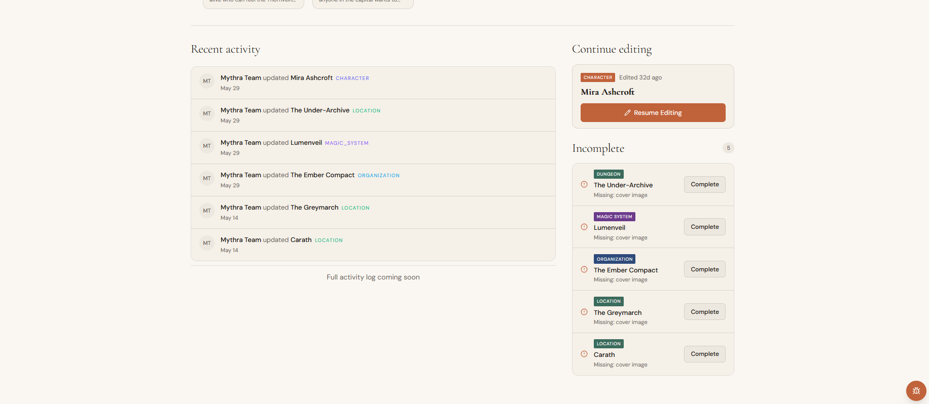 Resume editing and incomplete entries widgets